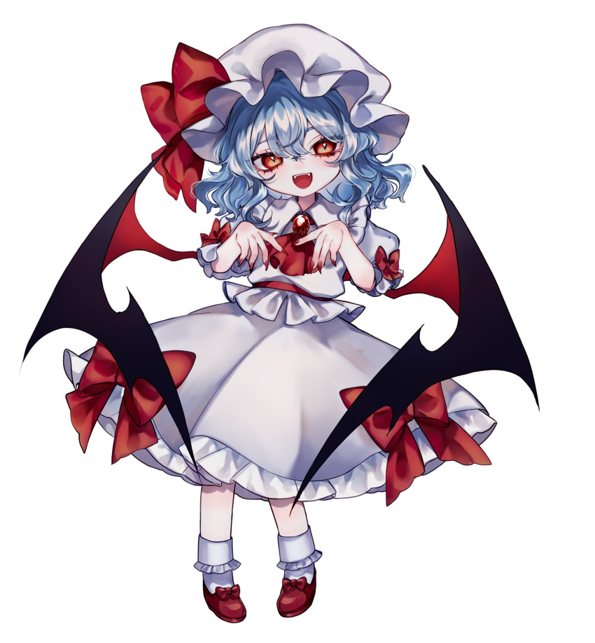 1girl :d ascot bat_wings blue_hair bobby_socks bow collared_shirt commentary_request fangs frilled_shirt_collar frilled_skirt frills full_body hat hat_bow highres katai_(nekoneko0720) looking_at_viewer medium_hair mob_cap open_mouth puffy_short_sleeves puffy_sleeves red_ascot red_bow red_brooch red_eyes red_footwear red_nails remilia_scarlet shirt shoes short_sleeves simple_background skirt smile socks solo touhou white_background white_headwear white_shirt white_skirt white_socks wings