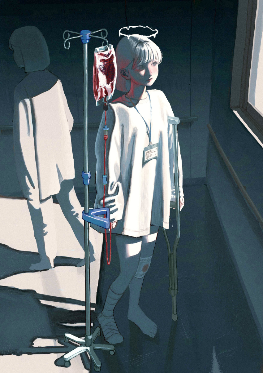 2girls absurdres bandaged_foot bandages blood blood_bag crutch grey_eyes halo highres holding_crutch hospital_gown id_card indoors intravenous_drip iv_stand medium_hair multiple_girls natari original pants sleeves_past_fingers sleeves_past_wrists white_hair white_pants window