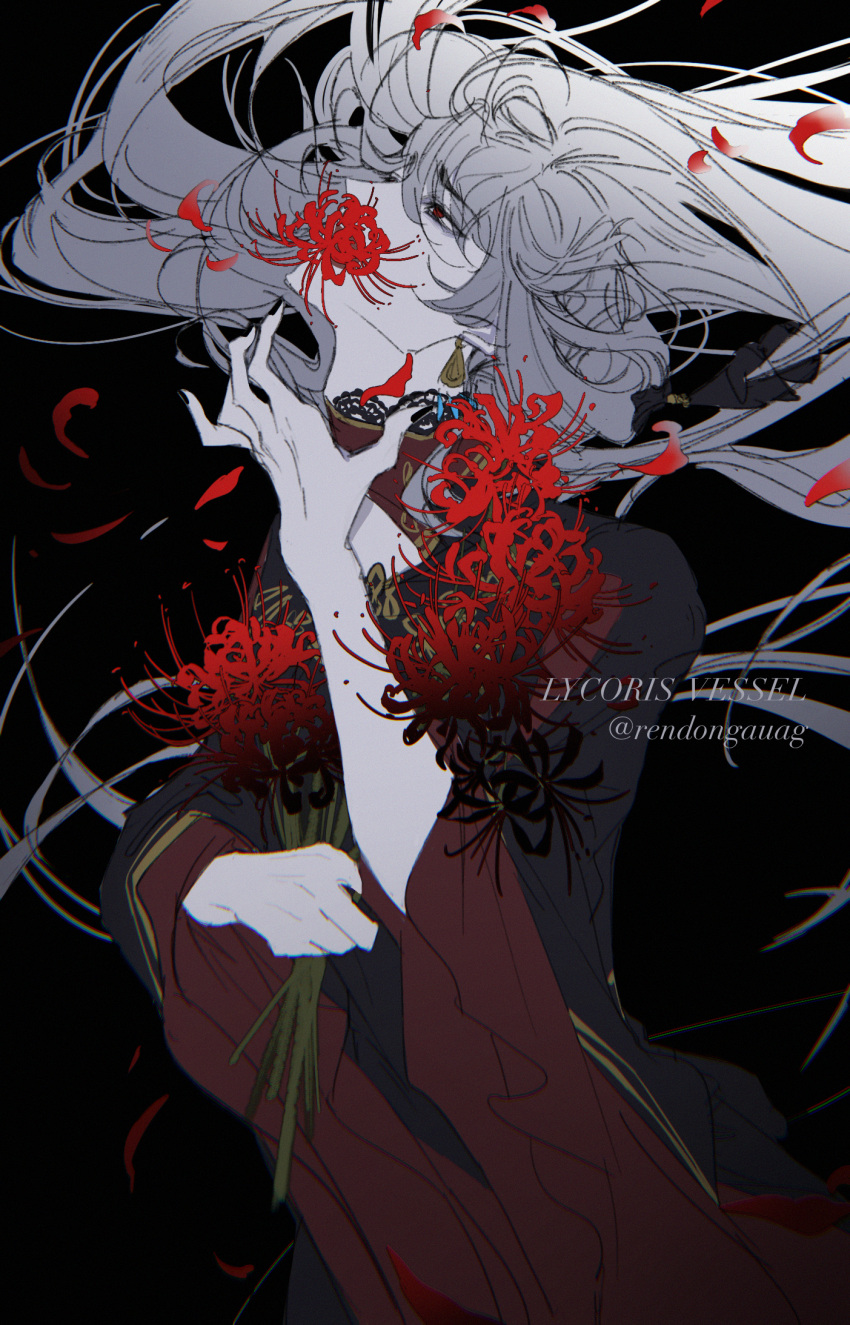 1boy ankou_(shuuen_no_virche) black_background black_dress dress facing_to_the_side flower flower_in_mouth grey_hair highres holding holding_flower long_hair long_sleeves looking_up male_focus multicolored_clothes multicolored_dress pale_skin petals red_dress red_eyes red_flower rendong06 shuuen_no_virche solo spider_lily