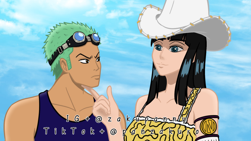 1boy 1girl artist_name bare_shoulders black_eyes black_hair blue_eyes blue_tank_top blunt_bangs closed_mouth clouds cloudy_sky commentary cowboy_hat english_commentary goggles goggles_on_head green_hair hand_on_another's_chin hat highres long_hair looking_at_another nico_robin official_alternate_costume one_piece outdoors roronoa_zoro short_hair sky smile tank_top white_headwear zakupanny