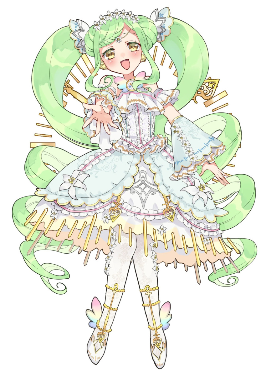 1girl :d blue_dress blue_sleeves braid braided_bangs center_frills clock commentary_request detached_sleeves dress falala_a_larm floral_print flower foreshortening frilled_dress frilled_sleeves frills full_body gold_trim green_hair hair_flower hair_ornament headphones highres idol_time_pripara lolita_fashion long_hair looking_at_viewer marueri open_mouth pantyhose pretty_(series) print_dress pripara reaching reaching_towards_viewer shoes sidelocks smile solo standing symbol-shaped_pupils twintails very_long_hair white_background white_flower white_footwear white_pantyhose wide_sleeves yellow_eyes