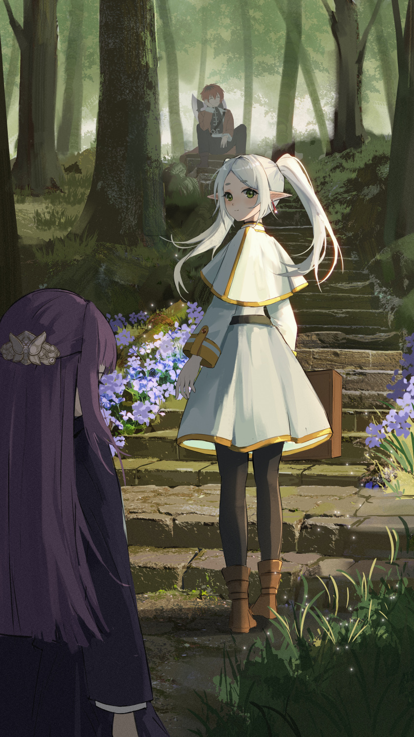 1boy 2girls absurdres axe black_pantyhose boots brown_footwear capelet closed_eyes drop_earrings earrings elf fern_(sousou_no_frieren) flower frieren gold_trim grass hair_ornament hand_on_own_cheek hand_on_own_face highres jewelry long_sleeves multiple_girls pantyhose pointy_ears purple_flower purple_hair redhead siyu_csy smile sousou_no_frieren stairs standing stark_(sousou_no_frieren) tree twintails white_capelet white_hair