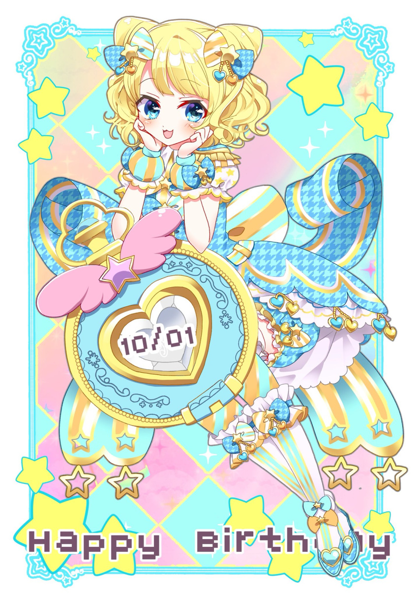 1girl :3 :d blonde_hair blue_bow blue_dress blue_eyes blue_footwear blush bow commentary_request cone_hair_bun double_bun dress frilled_dress frills full_body hair_bow hair_bun hair_ornament hands_on_own_cheeks hands_on_own_face hands_up happy_birthday highres idol_clothes idol_time_pripara layered_skirt looking_at_viewer marueri minami_mirei open_mouth pocket_watch pretty_(series) pripara puffy_short_sleeves puffy_sleeves shoes short_hair short_sleeves skirt smile solo star_(symbol) star_hair_ornament watch