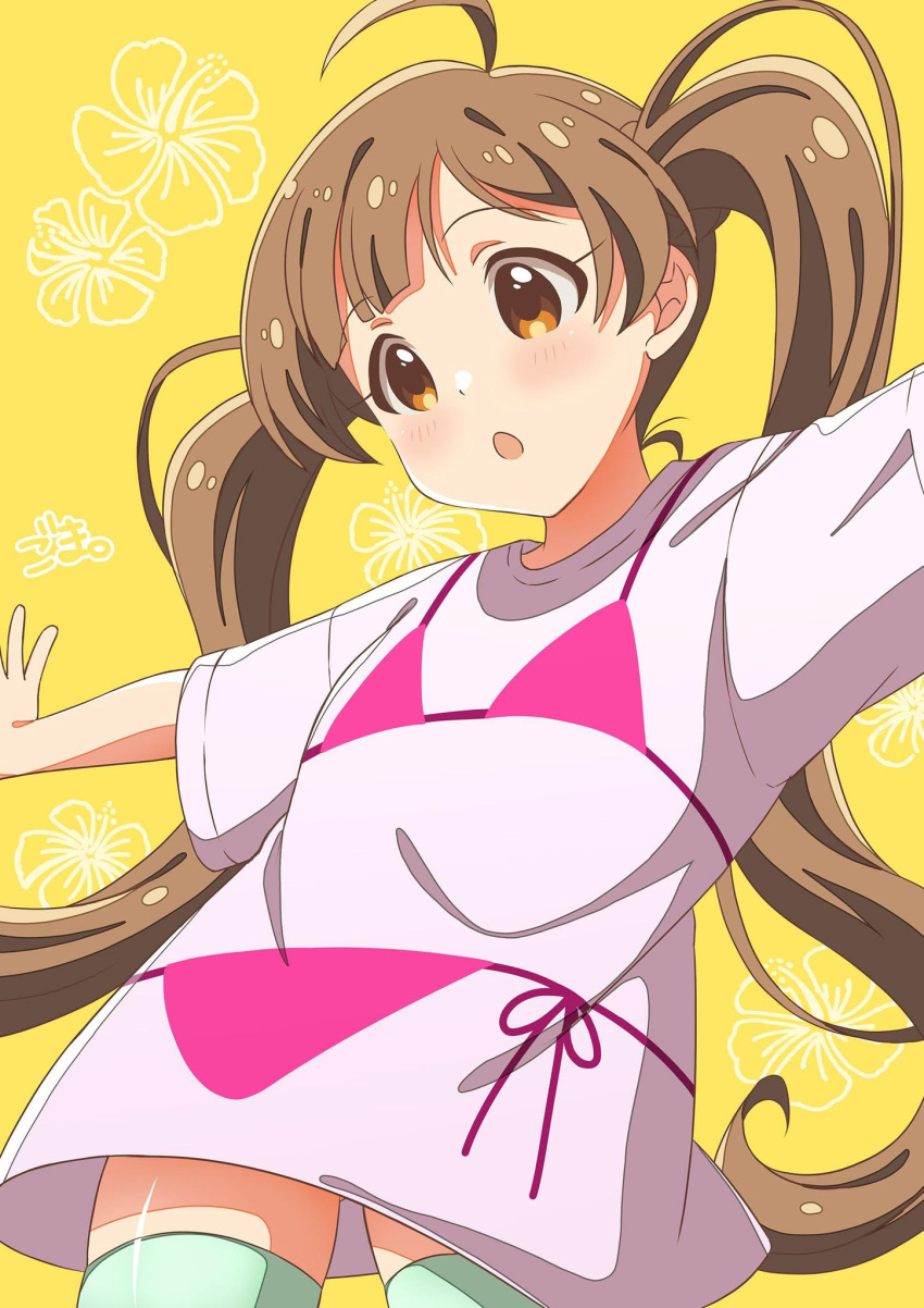 1girl ahoge bikini_print blush breasts brown_eyes brown_hair cowboy_shot dot_nose floral_background flower goma_konbu green_thighhighs hakozaki_serika hibiscus highres idolmaster idolmaster_million_live! idolmaster_million_live!_theater_days long_hair looking_at_another looking_down open_hand open_mouth outstretched_arms print_shirt shirt short_sleeves signature small_breasts solo standing thigh-highs twintails very_long_hair white_shirt yellow_background