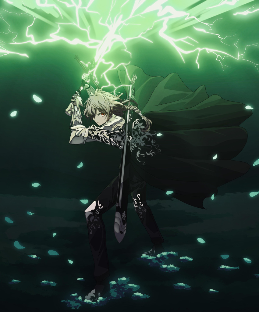 1boy absurdres alternate_form antenna_hair armor balmung_(fate/apocrypha) black_cape black_footwear black_pants braid braided_ponytail cape fate/apocrypha fate_(series) full_body gauntlets glowing glowing_sword glowing_weapon grass grey_hair highres holding holding_sword holding_weapon incoming_attack legs_apart lightning looking_at_viewer male_focus one_eye_covered pants parted_lips petals red_eyes scabbard sheath sieg_(fate) silverware_soviet sword weapon