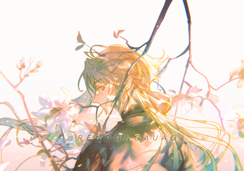 1boy ahoge ankou_(shuuen_no_virche) black_shirt branch cherry_blossoms closed_mouth facing_to_the_side flower grey_background grey_hair highres long_hair long_sleeves looking_back male_focus pink_flower red_eyes rendong06 shirt shuuen_no_virche solo twitter_username