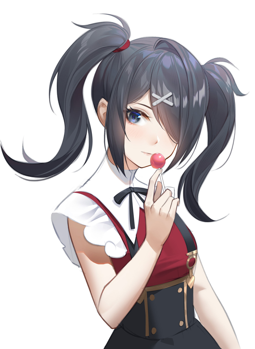 1girl ame-chan_(needy_girl_overdose) black_hair black_ribbon black_skirt blue_eyes blush candy closed_mouth collared_shirt commentary english_commentary food hair_ornament hair_over_one_eye hair_tie hairpin hand_up heart highres lollipop long_hair looking_at_viewer neck_ribbon needy_girl_overdose one_eye_covered pale_skin red_shirt ribbon shirt short_hair short_sleeves simple_background skirt solo suspender_skirt suspenders twintails white_background x_hair_ornament yaxiya