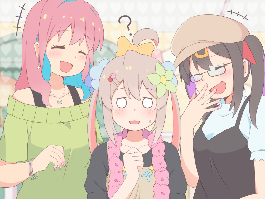 +++ 3girls :d ? ahoge bespectacled black_hair blank_eyes blue_hair bow closed_eyes collarbone commentary earrings flower flower_necklace glasses grey_hair hair_between_eyes hair_bow hair_flower hair_ornament hair_ribbon hairclip hand_to_own_mouth hat highres hozuki_kaede jewelry k-d laughing lei light_blush long_hair multicolored_hair multiple_girls nail_polish necklace o_o onii-chan_wa_oshimai! open_mouth oyama_mahiro oyama_mihari pink_hair pink_nails purple_hair red_ribbon ribbon semi-rimless_eyewear short_sleeves siblings sisters smile sweatdrop twintails two-tone_hair under-rim_eyewear upper_body yellow_bow