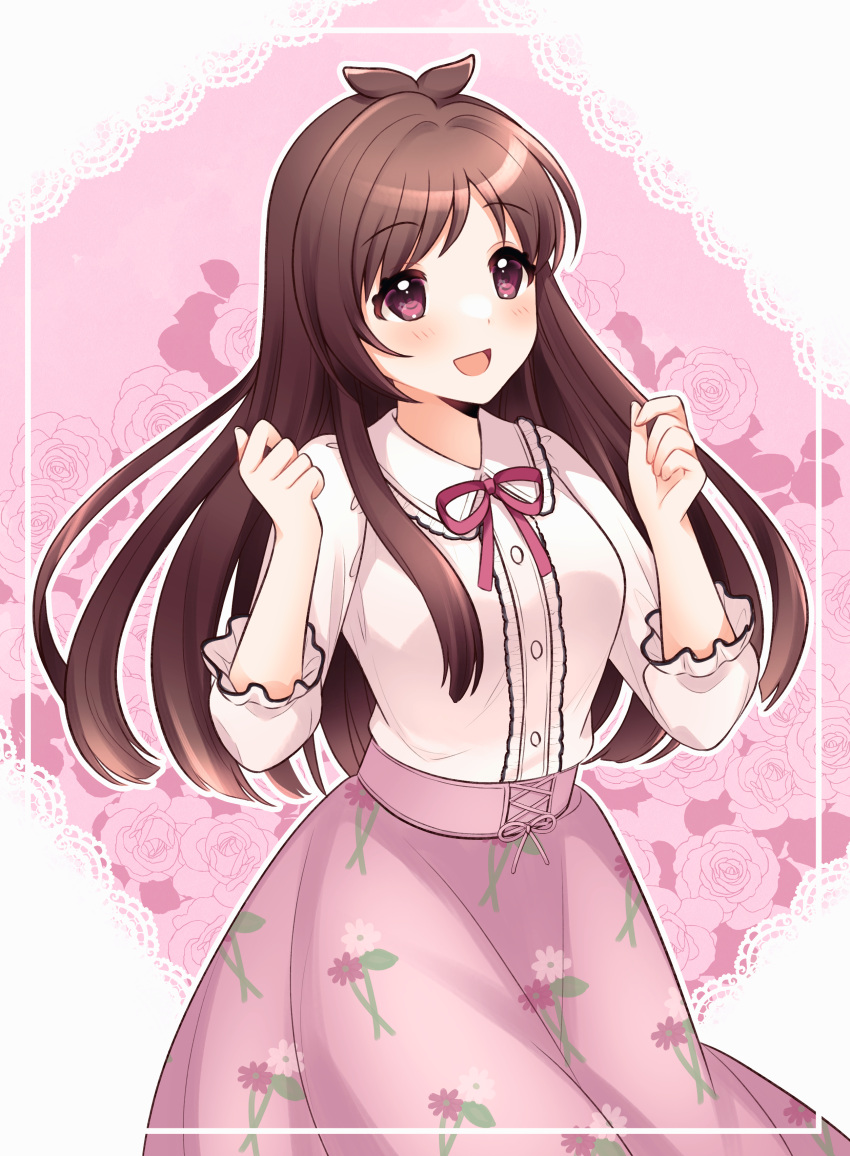 1girl absurdres antenna_hair blush breasts brown_hair c7_master commission floral_background floral_print highres idolmaster idolmaster_cinderella_girls idolmaster_cinderella_girls_starlight_stage lace_background long_hair medium_breasts multicolored_hair neck_ribbon pink_skirt red_eyes ribbon shirt skeb_commission skirt smile solo two-tone_hair very_long_hair white_shirt