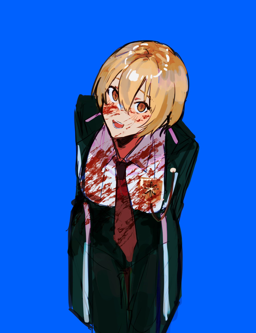 1girl absurdres badge black_coat black_pants blonde_hair blood blood_on_clothes blood_on_face blue_background coat collared_shirt cowboy_shot don_quixote_(limbus_company) empty_eyes highres leaning_forward limbus_company looking_at_viewer msx_(mis4xi) necktie orange_eyes pants project_moon red_necktie shirt short_hair simple_background solo white_shirt