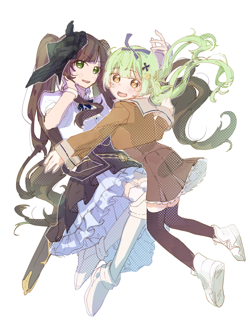 2girls absurdres arm_up armored_boots assault_lily belt belt_buckle black_flower black_rose black_skirt black_thighhighs blue_ribbon blunt_bangs blush boots brown_hair brown_skirt buckle buttons cropped_jacket floating_hair flower frilled_skirt frills full_body garter_straps green_eyes green_hair hair_flower hair_ornament hair_ribbon halftone hand_on_own_cheek hand_on_own_face hands_up high-waist_skirt high_tops highres jiropi kamigoori_marimo long_hair long_sleeves looking_at_viewer looking_to_the_side low_twintails midair miniskirt multiple_girls neck_ribbon open_mouth outstretched_arm parted_lips pleated_skirt puffy_short_sleeves puffy_sleeves purple_ribbon ribbon rose scabbard school_uniform sheath shirt shoe_soles shoes short_sleeves simple_background skirt sneakers thigh-highs thigh_boots thighhighs_under_boots twintails ueda_imari v-shaped_eyebrows very_long_hair white_background white_footwear white_shirt white_thighhighs wristband yellow_belt yellow_eyes yellow_flower