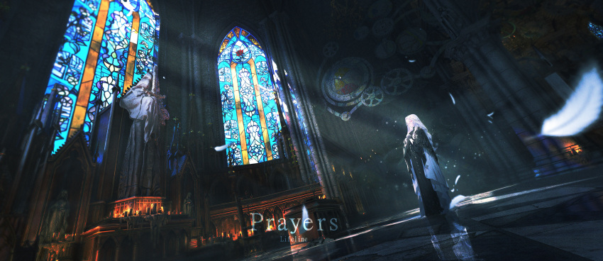 1girl absurdres black_robe candle church feathers full_body highres indoors interlocked_fingers lifeline_(a384079959) light_particles light_rays original own_hands_clasped own_hands_together praying red_eyes robe scenery solo stained_glass standing statue white_hair