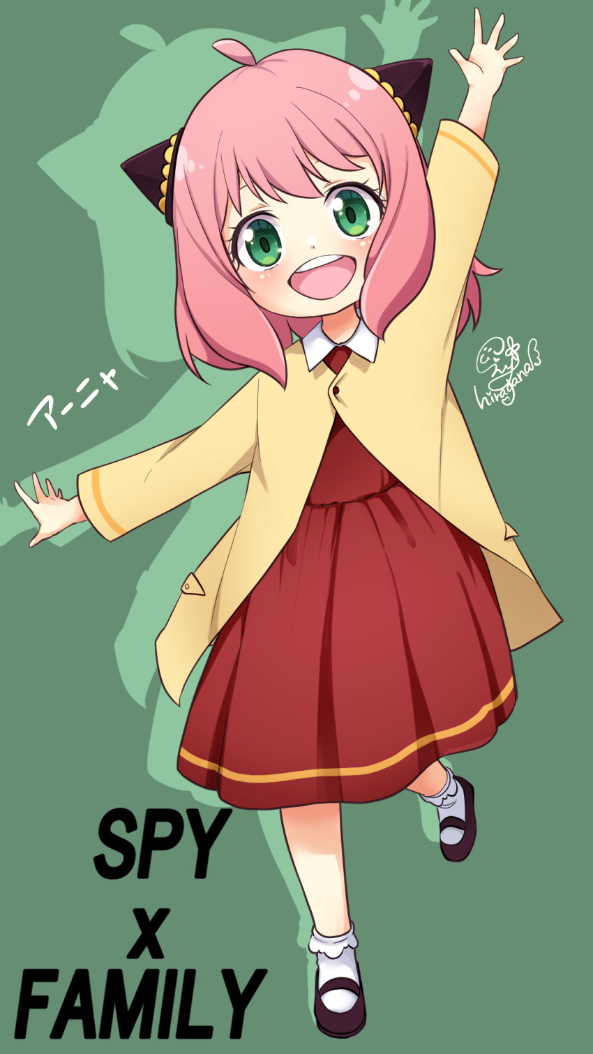 1girl anya_(spy_x_family) black_footwear character_name child copyright_name dress green_background green_eyes hairpods highres hiragana_sherry jacket long_sleeves open_mouth pink_hair red_dress shoes short_hair smile socks solo spy_x_family yellow_jacket