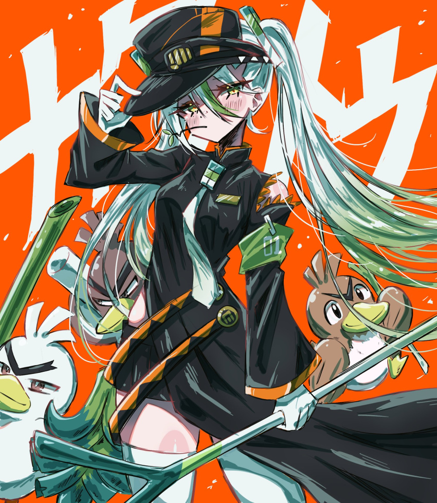 1girl armband bike_shorts black_coat coat detached_sleeves farfetch'd fighting_miku_(project_voltage) food galarian_farfetch'd gloves green_armband hand_on_headwear hatsune_miku highres holding holding_food holding_spring_onion holding_vegetable mouth_hold multicolored_hair necktie orange_trim pokemon project_voltage side_slit single_detached_sleeve sirfetch'd spring_onion stalk_in_mouth thigh-highs twintails usa_(usagi_minku) vegetable visor_cap vocaloid white_gloves white_hair white_necktie white_thighhighs yellow_eyes