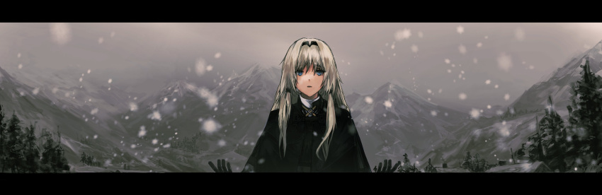 1girl absurdres an-94_(girls'_frontline) black_gloves blonde_hair blue_eyes capelet facing_viewer girls_frontline gloves grey_sky hairband highres komegu_619 long_hair looking_at_viewer mountain mountainous_horizon open_mouth sky snowflakes snowing spruce tree