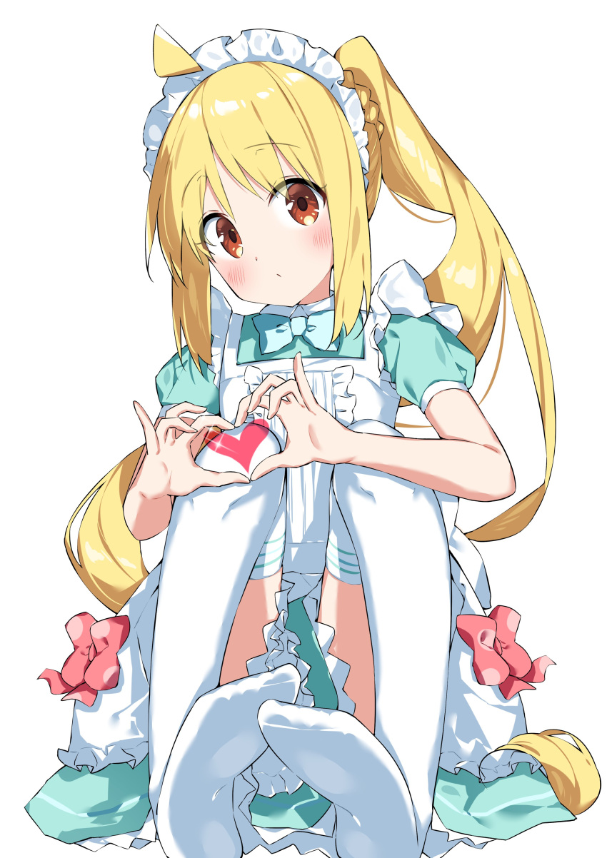 1girl absurdres ahoge alternate_costume apron aqua_dress blonde_hair blush bocchi_the_rock! closed_mouth commentary_request dress enmaided frilled_dress frills heart heart_hands highres ijichi_nijika long_hair maid maid_apron maid_headdress one_side_up puffy_short_sleeves puffy_sleeves red_eyes short_sleeves simple_background solo suta0822 thigh-highs white_apron white_background white_thighhighs