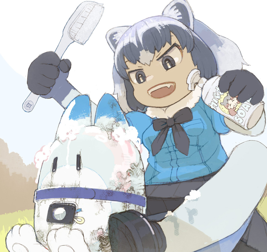 1girl animal_ears between_legs black_eyes black_footwear black_gloves black_hair blue_shirt breasts cable catcar0983 commentary_request common_raccoon_(kemono_friends) elbow_gloves fangs gloves grass grey_gloves grey_hair grey_pantyhose hands_up highres hippopotamus_(kemono_friends) holding holding_brush holding_soap kemono_friends knees_up loafers looking_down lucky_beast_(kemono_friends) medium_breasts multicolored_clothes multicolored_gloves multicolored_hair open_mouth outdoors pantyhose puffy_short_sleeves puffy_sleeves raccoon_ears raccoon_girl robot shirt shoes short_sleeves sitting smile soap_bubbles solo tsurime washing_another