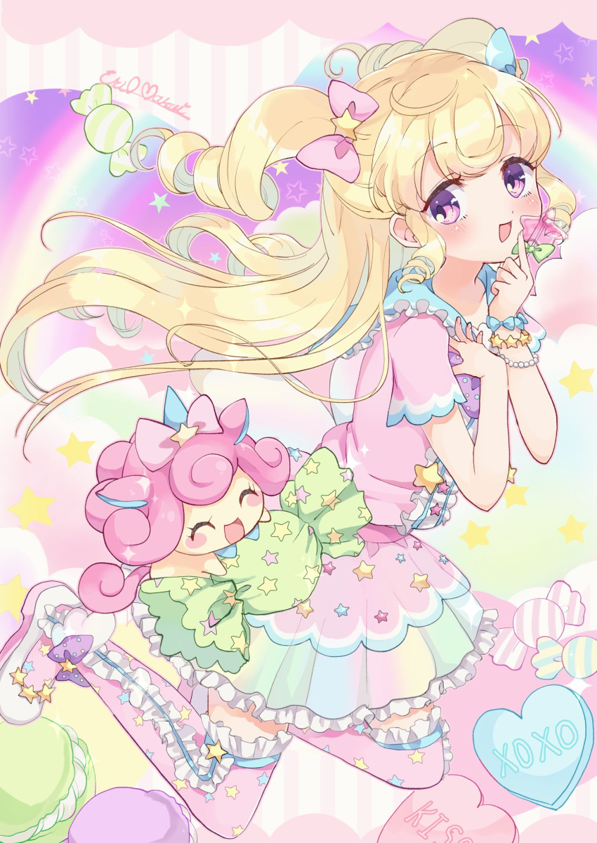 1girl :d blonde_hair blush bow bracelet candy closed_eyes dress food frilled_dress frills hair_bow hair_ornament hands_up heart highres holding holding_candy holding_food holding_lollipop idol_clothes idol_time_pripara jewelry lollipop long_hair looking_at_viewer macaron marueri open_mouth pink_bow pink_dress pink_thighhighs pretty_(series) pripara punicorn ringlets short_sleeves smile star_(symbol) star_hair_ornament star_print thigh-highs two_side_up unicorn violet_eyes yume_kawaii yumekawa_yui