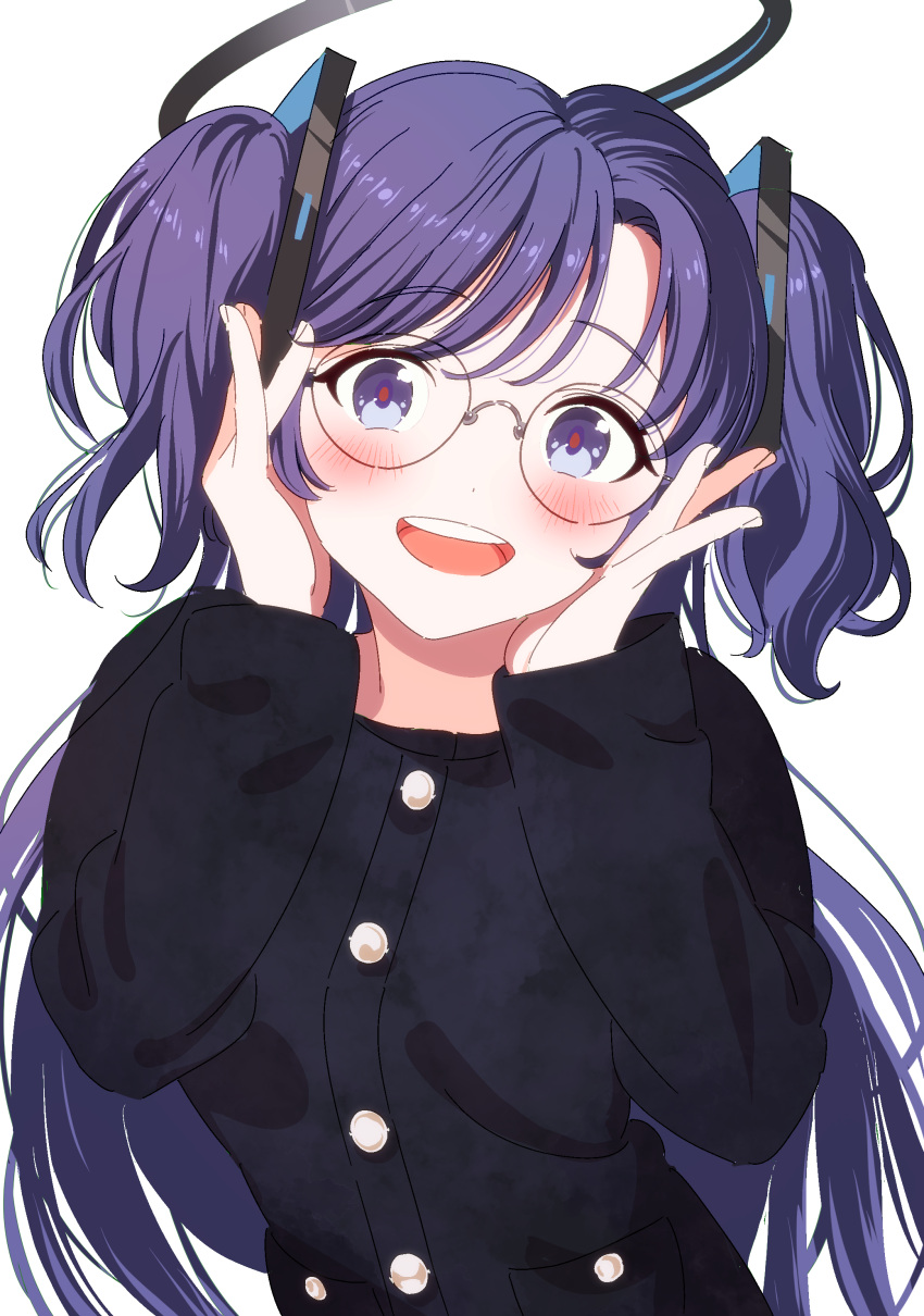 1girl absurdres bazz000033 bespectacled black_jacket blue_archive blush buttons glass glasses halo highres jacket long_hair long_sleeves looking_at_viewer mechanical_halo open_mouth purple_hair simple_background smile solo teeth two_side_up upper_body upper_teeth_only violet_eyes white_background yuuka_(blue_archive)