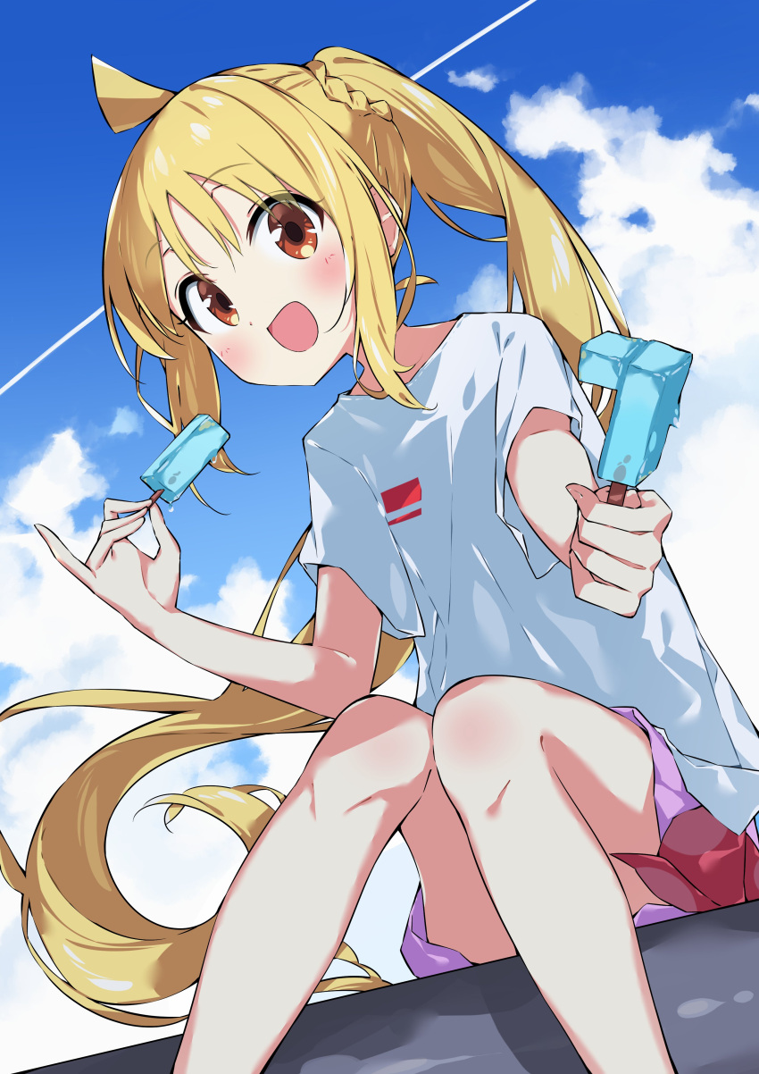 1girl :d absurdres ahoge blonde_hair blue_sky blush bocchi_the_rock! braid brown_eyes clouds cloudy_sky commentary_request contrail day double_popsicle feet_out_of_frame food highres holding holding_food ijichi_nijika knees_together_feet_apart long_hair looking_at_viewer outdoors popsicle purple_skirt shirt short_sleeves side_ponytail sitting skirt sky smile solo suta0822 unequal_popsicle_division very_long_hair white_shirt