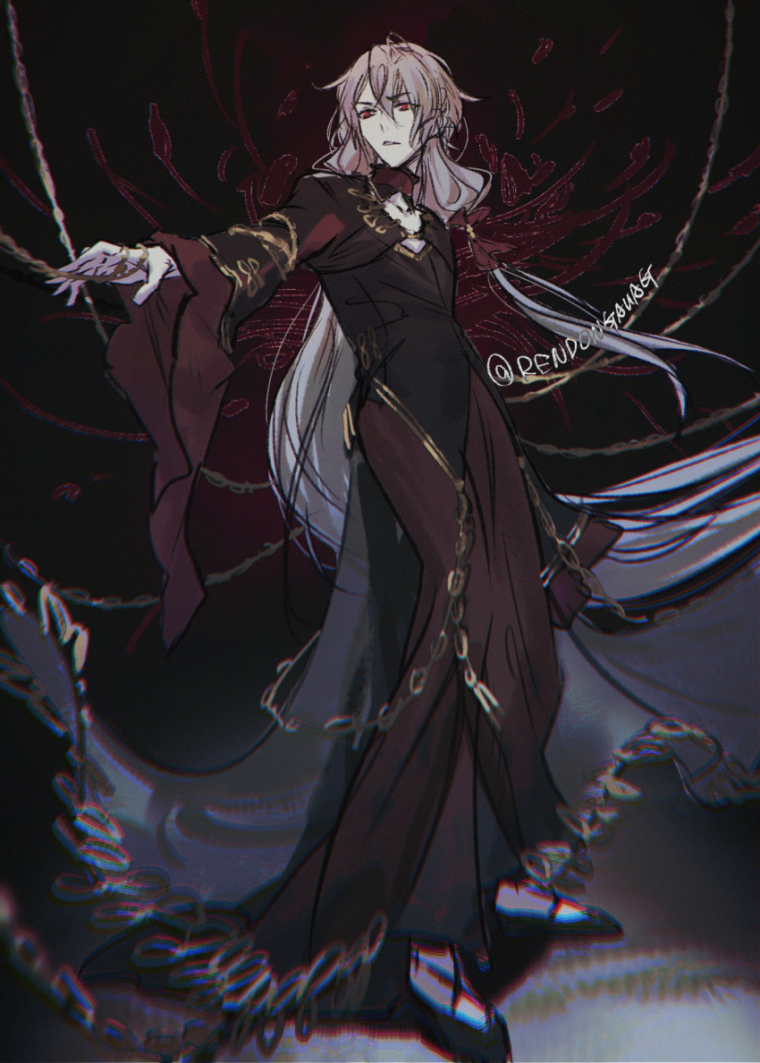 1boy ahoge ankou_(shuuen_no_virche) black_background black_footwear black_shirt chain flower grey_hair highres long_hair long_sleeves male_focus multicolored_background parted_lips red_background red_eyes red_skirt rendong06 shirt shuuen_no_virche sketch skirt solo spider_lily teeth