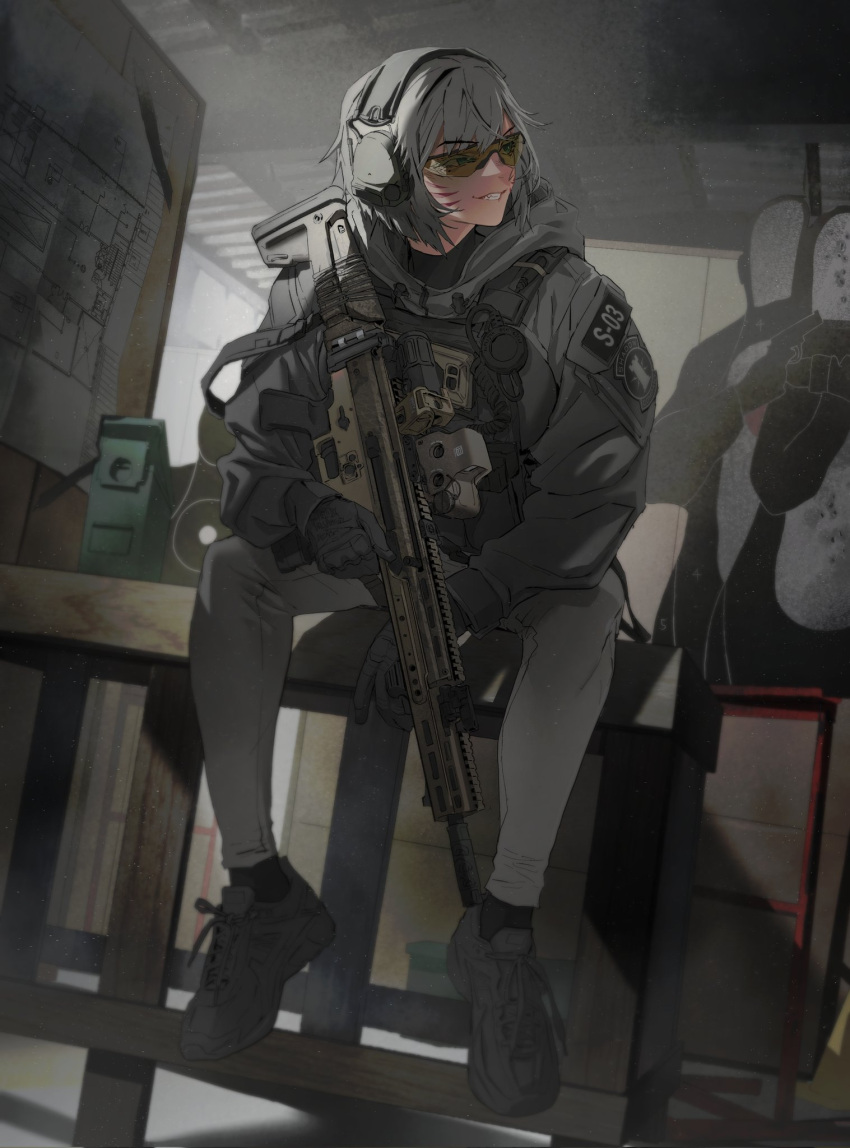 1girl assault_rifle black_gloves call_of_duty call_of_duty:_modern_warfare_2 commission fn_scar gloves grey_hair grey_jacket grey_pants gun highres jacket looking_to_the_side maxturbo69 optical_sight original pants patch rifle shadow_company shooting_range silhouette_target sitting smile solo target_practice weapon