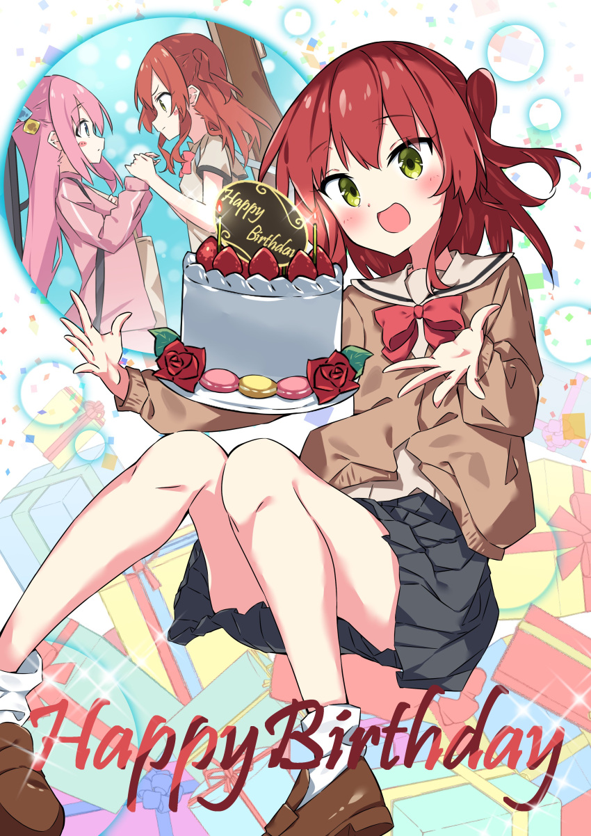 2girls absurdres aqua_eyes bag bare_legs birthday_cake black_skirt blush_stickers bocchi_the_rock! bow bowtie brown_cardigan brown_footwear brown_sailor_collar brown_shirt cake cardigan closed_mouth commentary_request cropped_torso cube_hair_ornament eye_contact flower food from_side fruit gotoh_hitori green_eyes guitar_case hair_ornament happy_birthday highres holding_hands instrument_case jacket kita_ikuyo knees_up long_hair long_sleeves looking_at_another macaron medium_hair miniskirt multiple_girls multiple_views one_side_up open_mouth pink_hair pink_jacket pleated_skirt red_bow red_bowtie red_flower redhead rose sailor_collar shirt shoes short_sleeves shoulder_bag skirt socks strawberry suta0822 track_jacket white_socks