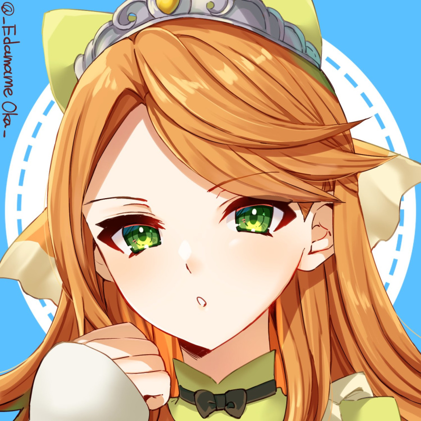 1girl edamameoka etie_(fire_emblem) fire_emblem fire_emblem_engage green_eyes hair_ornament highres long_hair looking_at_viewer orange_hair portrait ribbon simple_background solo swept_bangs tiara