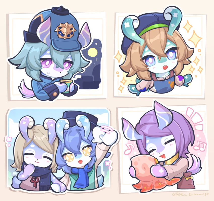 5girls ^_^ animal animal_ears apron aqua_dress arm_up artist_name b_bmvp bag ball_octopus_(genshin_impact) beamed_eighth_notes beret black_headwear black_scarf blue_apron blue_eyes blue_hair blue_jacket blue_scarf blue_sky blush bright_pupils brown_background brown_dress brown_hair brown_shirt closed_eyes closed_mouth clouds coffee commentary_request crossed_bangs cup day dress eighth_note flower_(symbol) full_moon genshin_impact grey_hair hair_between_eyes hand_up hands_up happy hat highres holding holding_animal holding_cup iara_(genshin_impact) jacket leuca_(genshin_impact) light_brown_hair long_sleeves mamere_(genshin_impact) medium_hair mela_(genshin_impact) melusine_(genshin_impact) menthe_(genshin_impact) moon motion_lines multiple_girls musical_note night night_sky notice_lines octopus open_mouth paint_on_clothes paint_splatter parted_bangs peaked_cap photo_(object) purple_hair red_ribbon ribbon scarf shirt short_hair simple_background sky sleeve_cuffs sleeveless sleeveless_dress smile sparkle sweatdrop swept_bangs tail teeth twitter_username upper_teeth_only violet_eyes waving white_pupils white_shirt yellow_eyes