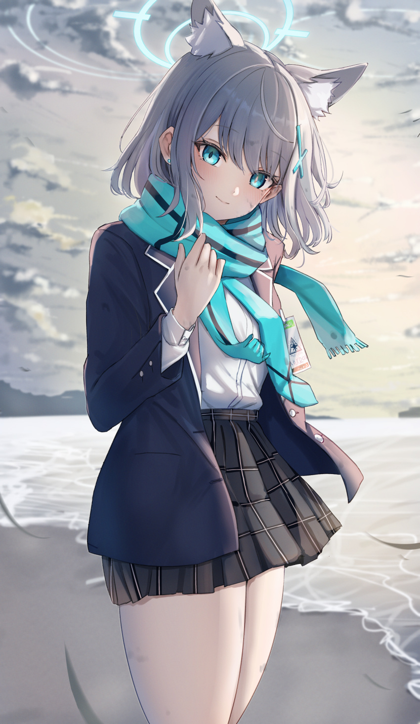 1girl absurdres animal_ear_fluff animal_ears beach black_jacket black_skirt blue_archive blue_eyes blue_halo blue_scarf blush cafenami closed_mouth cowboy_shot cross_hair_ornament grey_hair hair_ornament halo highres id_card jacket looking_at_viewer medium_hair ocean open_clothes open_jacket outdoors pleated_skirt scarf shiroko_(blue_archive) shirt skirt smile solo white_shirt wolf_ears