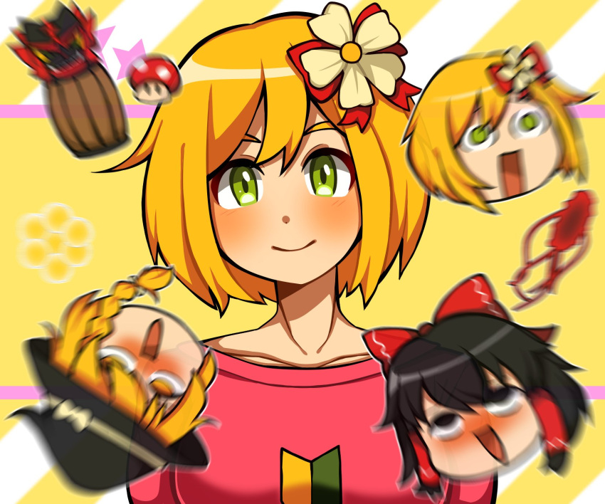 1jumangoku 4girls black_headwear blonde_hair blurry blurry_foreground blush bow braid brown_hair character_request clone closed_mouth collarbone commentary_request flower hair_bow hair_flower hair_ornament hair_tubes hakurei_reimu hat hat_bow head_only highres honeycomb_(object) indie_virtual_youtuber kirisame_marisa long_sleeves looking_at_viewer multiple_girls open_mouth pink_shirt pokemon pokemon_(creature) red_bow shirt short_hair single_braid smile solo_focus straight-on striped striped_background super_mario_bros. super_mushroom touhou upper_body virtual_youtuber white_bow white_flower wide-eyed witch_hat yellow_background