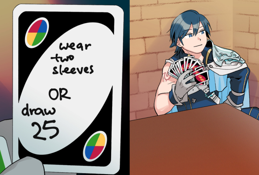 1boy armor blue_eyes cape card chrom_(fire_emblem) closed_mouth comedy commentary english_commentary english_text fire_emblem fire_emblem_awakening gloves grey_gloves holding holding_card indoors looking_to_the_side male_focus oneroom-disco playing_card pov short_hair shoulder_tattoo single_sleeve solo_focus table tattoo uno_(game) white_cape