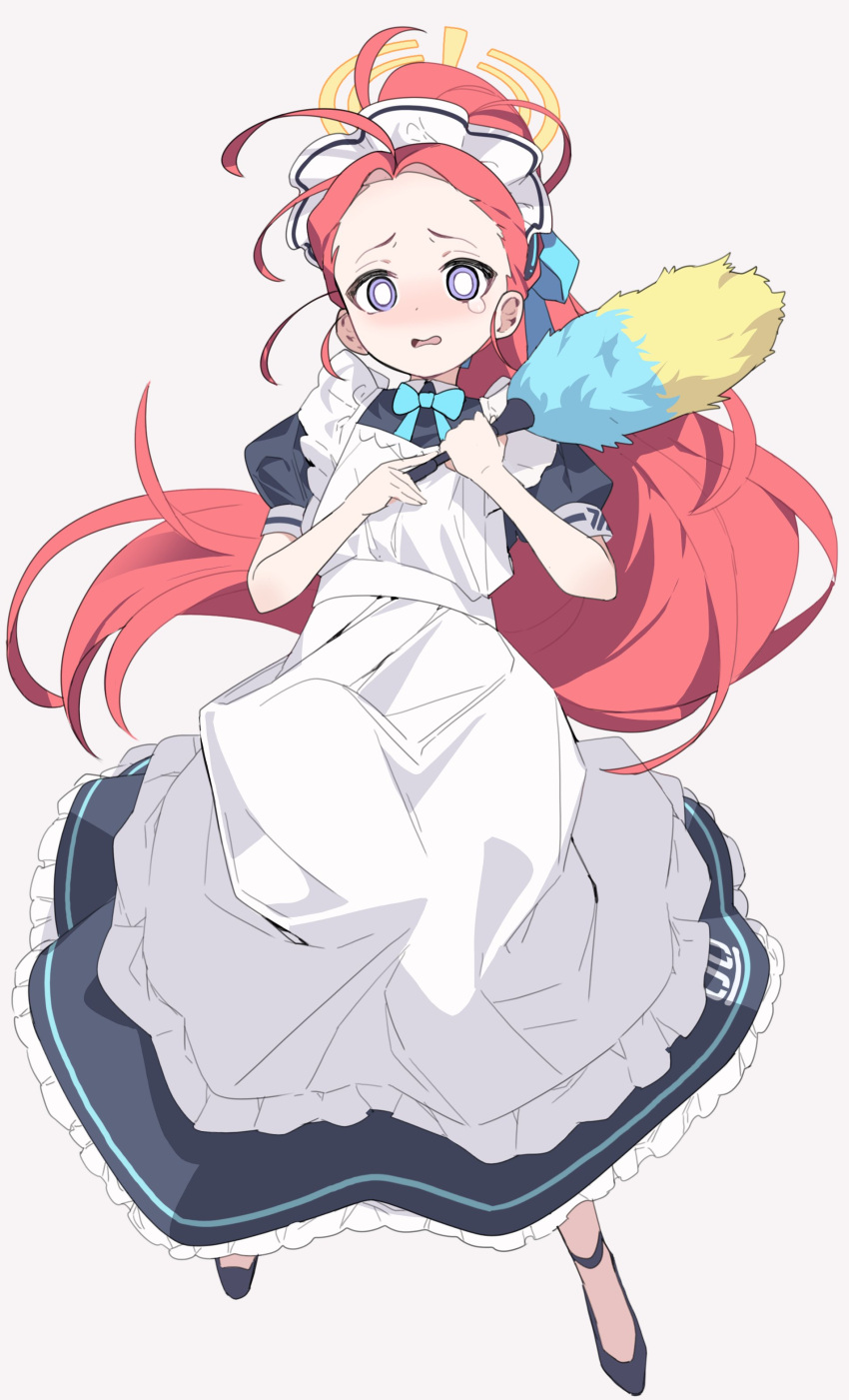 1girl absurdres ahoge apron black_dress black_footwear blue_archive dress duster forehead full_body gachop99 halo highres holding holding_duster long_hair looking_at_viewer maid_apron official_alternate_costume open_mouth puffy_short_sleeves puffy_sleeves redhead shoes short_sleeves simple_background solo violet_eyes white_apron white_background yellow_halo yuzu_(blue_archive) yuzu_(maid)_(blue_archive)