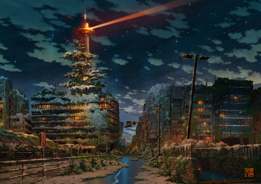 abandoned absurdres brick_wall broken_window building city clouds commentary_request dilapidated highres kyoto_tower lamppost night night_sky original outdoors overgrown post-apocalypse railing road_sign ruins scenery sign sky snow star_(sky) starry_sky tokyogenso water