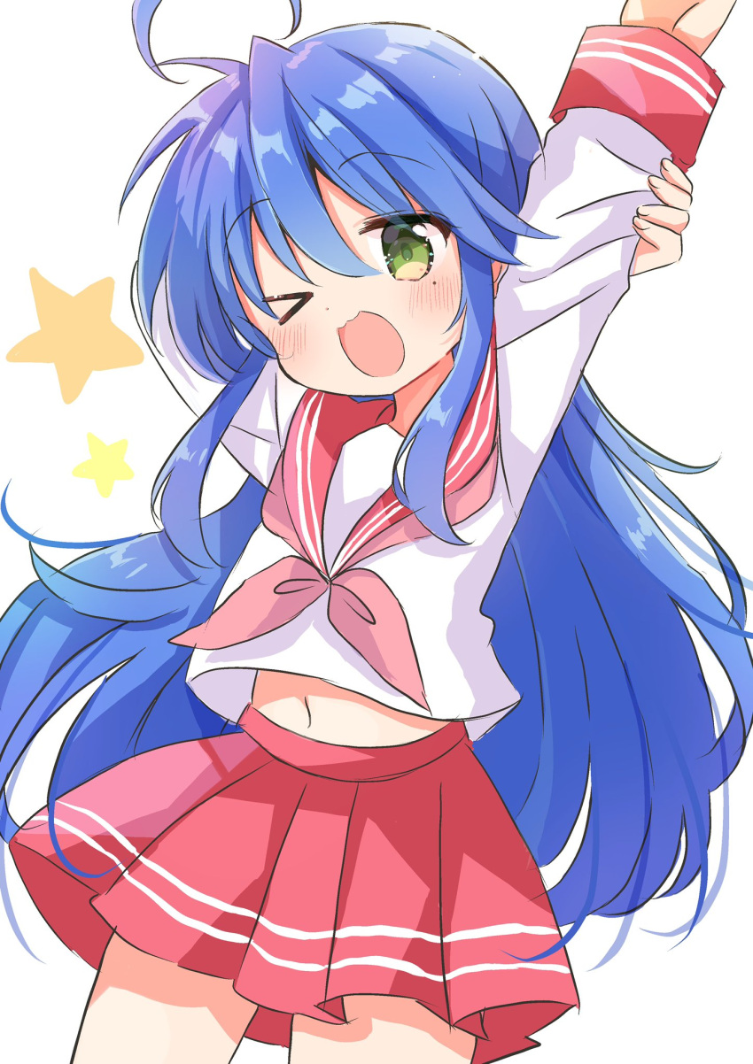 1girl ;d ahoge arm_behind_head arm_up blue_hair blush commentary_request cowboy_shot floating_hair green_eyes hair_between_eyes highres izumi_konata long_hair long_sleeves looking_at_viewer lucky_star miniskirt mole mole_under_eye nanami_ayane_(kusunoki5050) navel neckerchief one_eye_closed open_mouth pleated_skirt red_neckerchief red_sailor_collar red_skirt ryouou_school_uniform sailor_collar school_uniform serafuku shirt sidelocks simple_background skirt smile solo standing star_(symbol) thighs very_long_hair white_background white_shirt