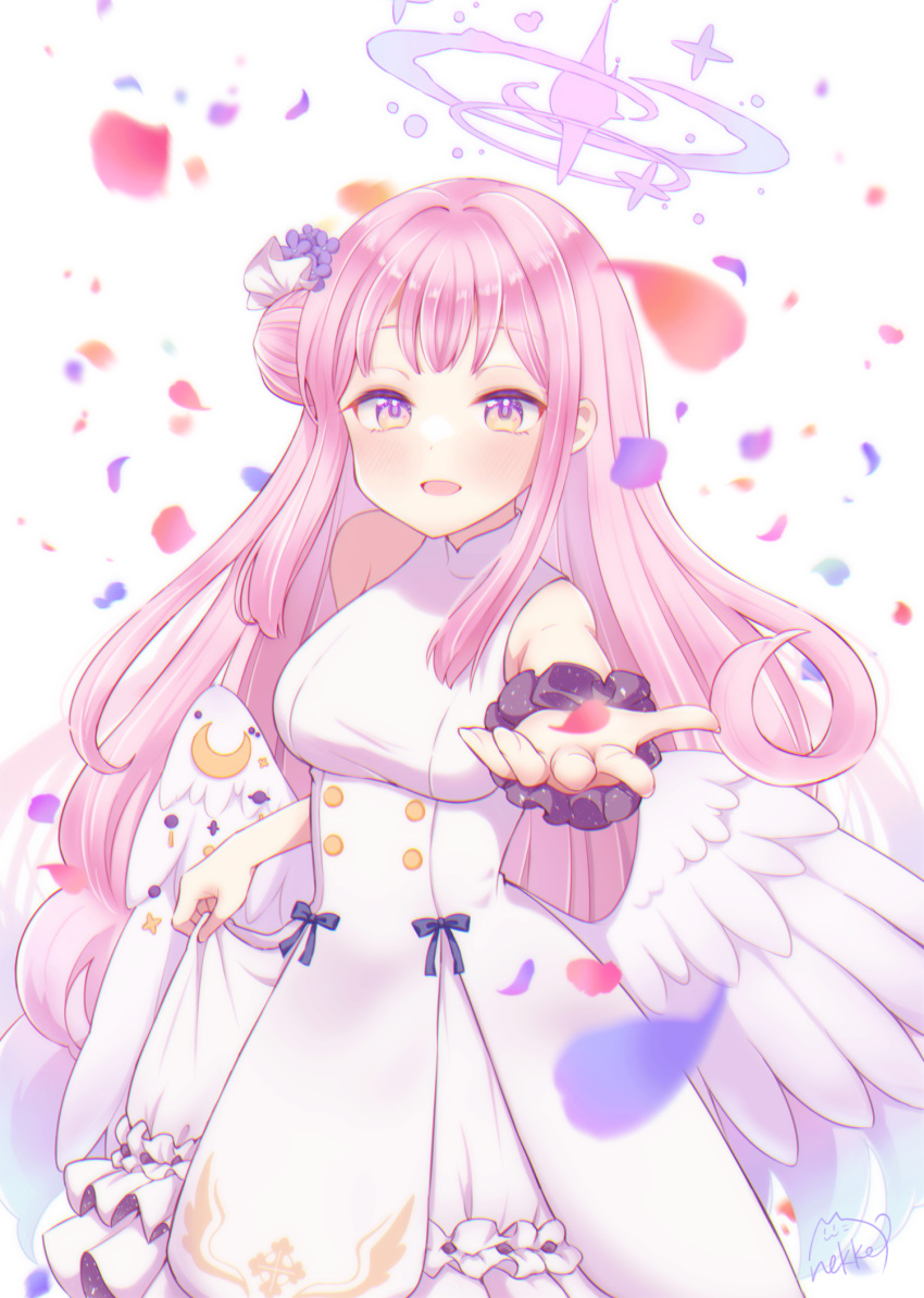 1girl angel_wings black_scrunchie blue_archive blush breasts dress feathered_wings flower hair_bun hair_flower hair_ornament halo highres long_hair looking_at_viewer medium_breasts mika_(blue_archive) nekko725 open_mouth pink_hair pink_halo purple_flower scrunchie simple_background single_side_bun sleeveless sleeveless_dress smile solo white_background white_dress white_wings wings wrist_scrunchie yellow_eyes
