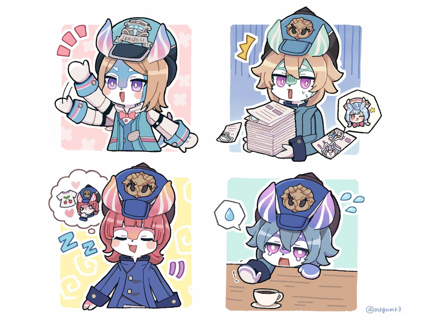 &gt;_o 4girls :d ^^^ aeval_(genshin_impact) afterimage animal_ears aqua_background aqua_coat aqua_headwear arm_up artist_name blue_background blue_coat blue_headwear blunt_ends blush blush_stickers bow bowtie bright_pupils brown_hair buttons closed_eyes coat coffee coffee_mug commentary_request crossed_bangs crying cup drooling flying_sweatdrops genshin_impact grey_hair hair_between_eyes hat highres imagining kiara_(genshin_impact) long_sleeves medium_hair melusine_(genshin_impact) menthe_(genshin_impact) mkgnmk3 motion_lines mouth_drool mug multiple_girls notice_lines one_eye_closed open_mouth outline paper paper_stack parted_bangs peaked_cap pink_background pink_bow pink_bowtie pink_hair reaching saucer sedene_(genshin_impact) short_hair sigewinne_(genshin_impact) simple_background sleeve_cuffs smile speech_bubble spoken_sweatdrop sticker sweat sweatdrop swept_bangs tears thought_bubble turn_pale twitter_username violet_eyes waving wavy_mouth white_background white_outline white_pupils yellow_background zzz