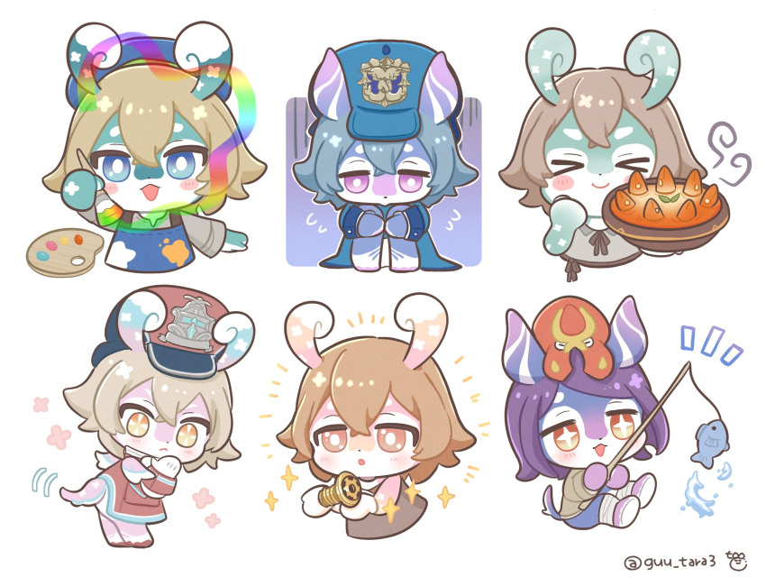 &gt;_&lt; +_+ 6+girls :&lt; :d :o animal_ears animal_on_head apron arm_up artist_name ball_octopus_(genshin_impact) bandaged_leg bandages beret blue_apron blue_eyes blue_headwear blue_jacket blush blush_stickers bright_pupils brown_hair brown_ribbon brown_shirt closed_eyes closed_mouth commentary_request cooking_pot crossed_bangs elphane_(genshin_impact) emphasis_lines fish fishing fishing_rod flower_(symbol) food genshin_impact grey_hair guu_tara3 hair_between_eyes hands_up hat highres holding holding_fishing_rod holding_paintbrush hugging_own_legs iara_(genshin_impact) jacket knees_up light_brown_hair long_sleeves looking_at_viewer looking_back mamere_(genshin_impact) melusine_(genshin_impact) menthe_(genshin_impact) multiple_girls neck_ribbon octopus on_head open_mouth paint_on_clothes paint_splatter paintbrush palette_(object) parted_bangs peaked_cap pink_eyes purple_hair red_headwear red_jacket ribbon screw shirt short_hair simple_background sitting sleeve_cuffs smile sparkle steam swept_bangs tail twitter_username verenata_(genshin_impact) violet_eyes water white_background white_pupils xana_(genshin_impact) yellow_eyes