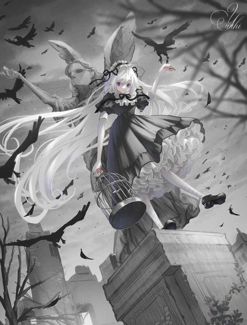 1girl angel_statue arm_at_side bare_tree bird bird_on_hand birdcage black_dress black_footwear black_nails black_ribbon blue_eyes cage closed_mouth crow dress expressionless from_below full_body grey_theme hair_between_eyes hairband hand_up highres holding holding_cage lolita_hairband long_hair looking_at_viewer mary_janes medium_dress nail_polish neck_ribbon original overcast pale_skin pantyhose petticoat puffy_short_sleeves puffy_sleeves ribbon ruins shoes short_sleeves sky solo standing standing_on_one_leg statue tree very_long_hair white_hair white_pantyhose yuuhi7