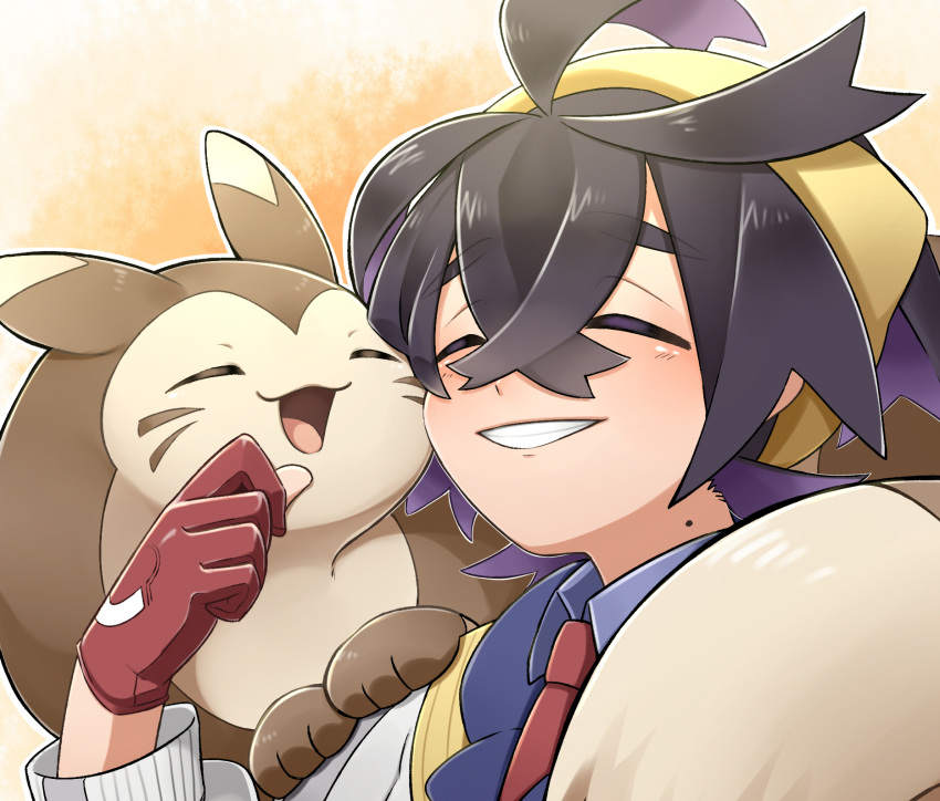 1boy black_hair blue_shirt closed_eyes collared_shirt colored_inner_hair commentary_request crossed_bangs furret gloves grin hair_between_eyes hairband hand_up happy highres jacket kieran_(pokemon) kyouka._(kyouka) male_focus mole mole_on_neck multicolored_hair necktie outline partially_fingerless_gloves pokemon pokemon_(creature) pokemon_(game) pokemon_sv red_gloves red_necktie shirt smile teeth upper_body white_jacket yellow_hairband