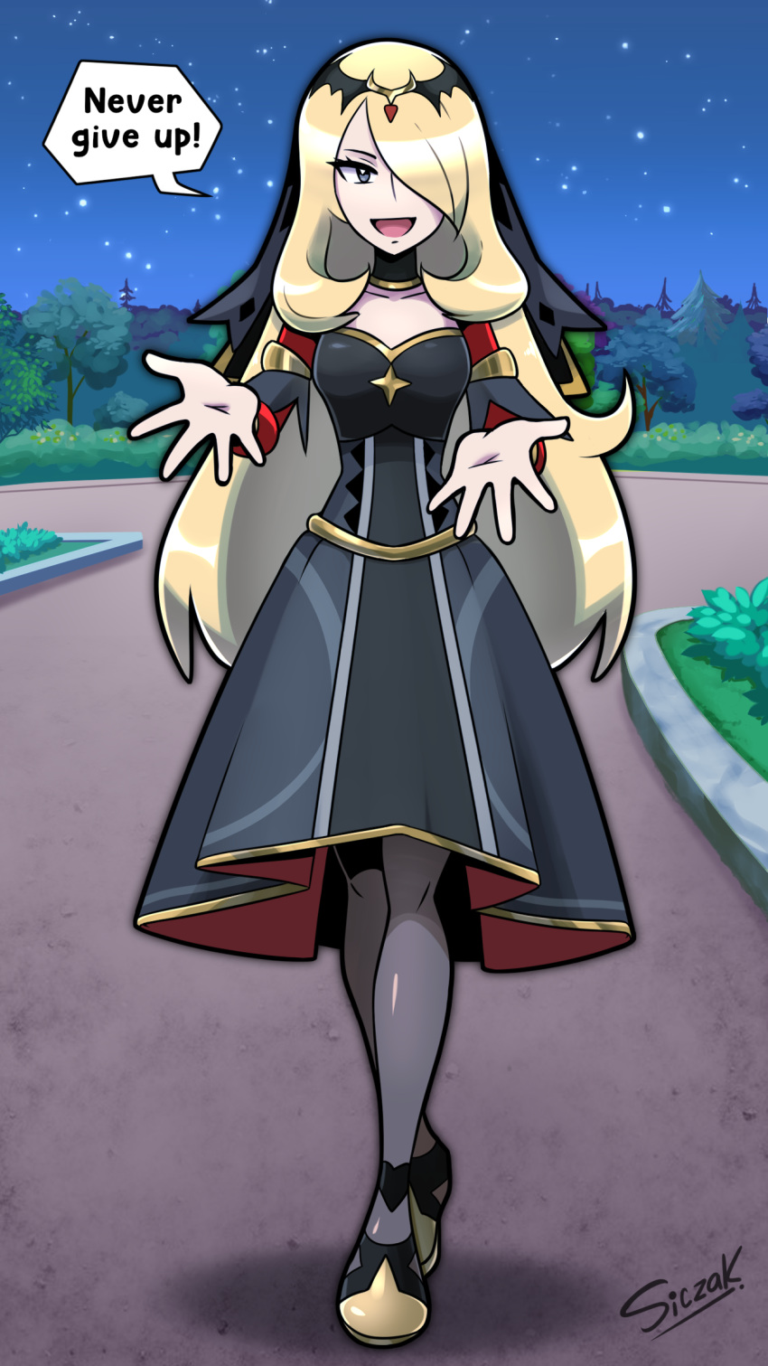 1girl black_dress blonde_hair collarbone commission cynthia_(pokemon) cynthia_(sygna_suit)_(renegade)_(pokemon) dress english_commentary eyelashes full_body grey_eyes highres long_hair looking_at_viewer night night_sky official_alternate_costume open_mouth outdoors outstretched_arms pantyhose pokemon pokemon_(game) pokemon_masters_ex siczak signature sky smile solo standing star_(sky) tree very_long_hair