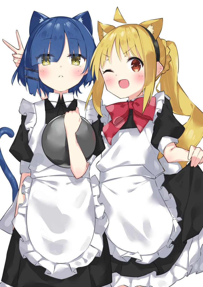 2girls ;d absurdres ahoge animal_ear_fluff animal_ears apron black_dress black_hairband blonde_hair blue_hair bocchi_the_rock! bow braid brown_eyes cat_ears cat_girl cat_tail closed_mouth collared_dress commentary_request dress eyes_visible_through_hair frilled_apron frills hair_ornament hair_over_one_eye hairband hairclip highres holding holding_tray ijichi_nijika kemonomimi_mode long_hair looking_at_viewer maid maid_apron multiple_girls one_eye_closed puffy_short_sleeves puffy_sleeves red_bow red_eyes short_sleeves side_ponytail simple_background smile suta0822 tail tray v v-shaped_eyebrows very_long_hair white_apron white_background yamada_ryo
