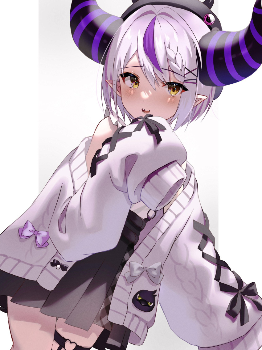 1girl aran_sweater black_horns black_skirt braid braided_bangs cable_knit collared_shirt cosplay grey_hair hair_ornament heart_o-ring high-waist_skirt highres hololive horns la+_darknesss mada_thesecond multicolored_hair o-ring o-ring_thigh_strap official_alternate_costume pointy_ears purple_hair shirt short_hair skirt sleeveless sleeveless_shirt sleeves_past_fingers sleeves_past_wrists streaked_hair striped_horns sweater thigh_strap tokoyami_towa tokoyami_towa_(cosplay) tokoyami_towa_(jirai_kei) virtual_youtuber white_shirt x_hair_ornament