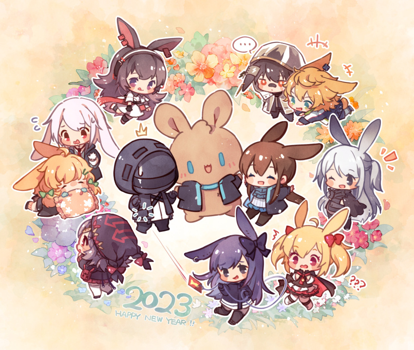 1other 2023 3boys 6+girls ambiguous_gender amiya_(arknights) animal_ears ansel_(arknights) april_(arknights) arknights ayerscarpe_(arknights) black_eyes black_hair blonde_hair blue_eyes bow chibi chinese_zodiac choshanland_plushy_(arknights) closed_eyes commentary doctor_(arknights) english_commentary green_bow hair_bow happy_new_year highres keluy kroos_(arknights) leonhardt_(arknights) long_hair multiple_boys multiple_girls one_eye_closed popukar_(arknights) purple_hair rabbit_boy rabbit_ears rabbit_girl red_eyes rope_(arknights) savage_(arknights) sora_(arknights) stuffed_animal stuffed_rabbit stuffed_toy violet_eyes white_hair year_of_the_rabbit