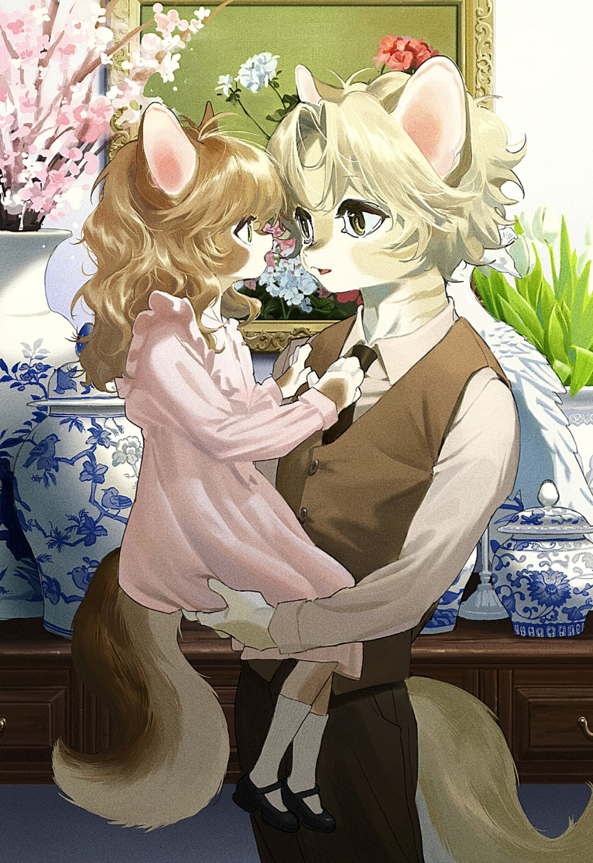 1boy 1girl animal_ears black_footwear brown_hair brown_vest buttons cat_boy cat_ears cat_girl cat_tail child collared_shirt dress face-to-face formal furry furry_female furry_male grey_hair highres lifting_person long_sleeves mayumochini necktie open_mouth original painting_(object) pants parted_bangs pink_dress plant porcelain potted_plant shirt shoes socks table tail vase vest wavy_hair white_shirt