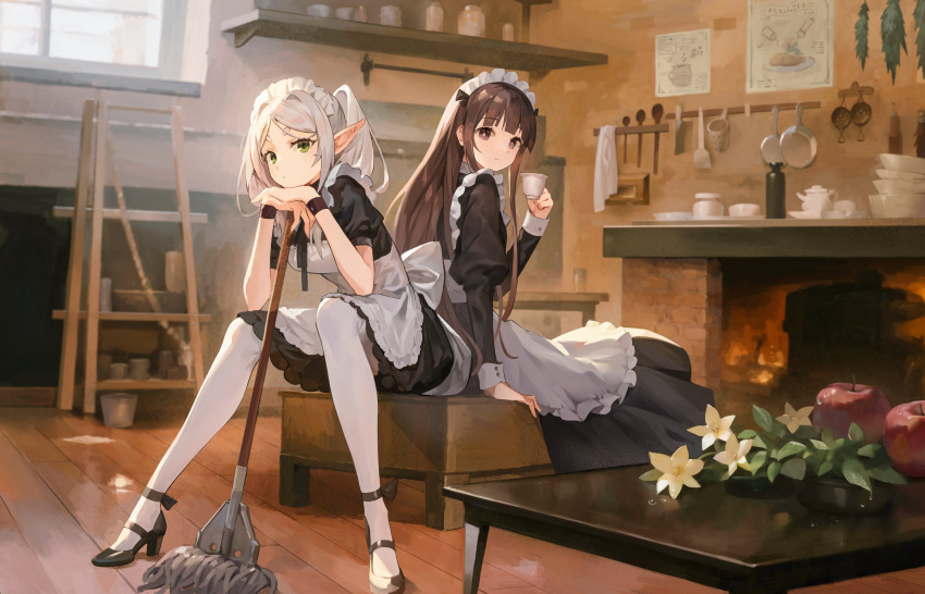 2girls absurdres ankle_strap apple apron black_footwear blunt_bangs bowl brown_hair character_request cup elf fireplace flower food frieren fruit frying_pan green_eyes high_heels highres holding holding_cup kitchen lily_(flower) long_hair looking_at_viewer luvents3 maid maid_apron maid_headdress mop multiple_girls pantyhose parted_bangs plate pointy_ears sidelocks sitting sousou_no_frieren table teacup thick_eyebrows twintails white_hair white_pantyhose window wooden_floor wristband