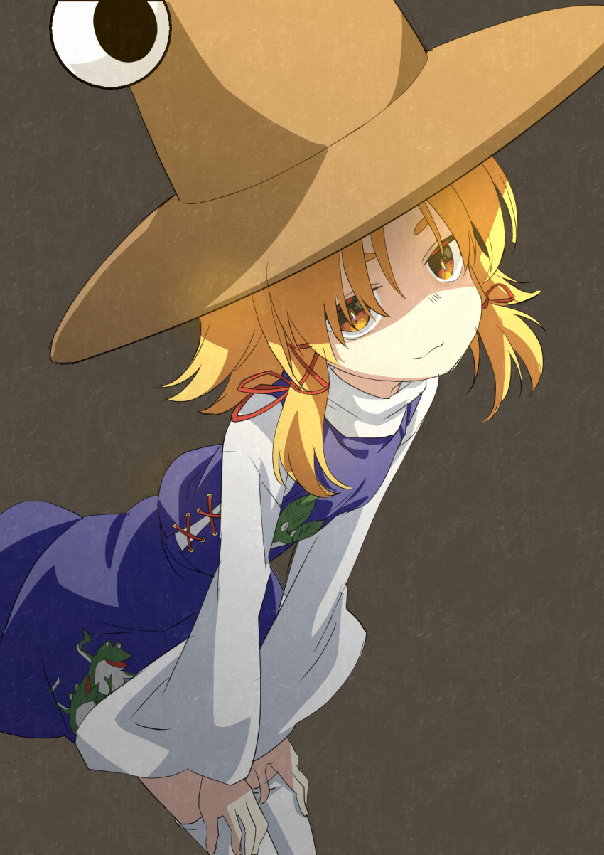 1girl :3 animal_print blonde_hair blue_skirt blue_vest bright_pupils brown_headwear commentary cowboy_shot cross-laced_vest frog_print grey_background hair_ribbon hands_on_own_thighs hat highres leaning_forward long_sleeves looking_at_viewer moriya_suwako mukai red_ribbon ribbon short_hair sidelocks skirt skirt_set solo standing thigh-highs touhou turtleneck vest white_thighhighs wide_sleeves yellow_eyes