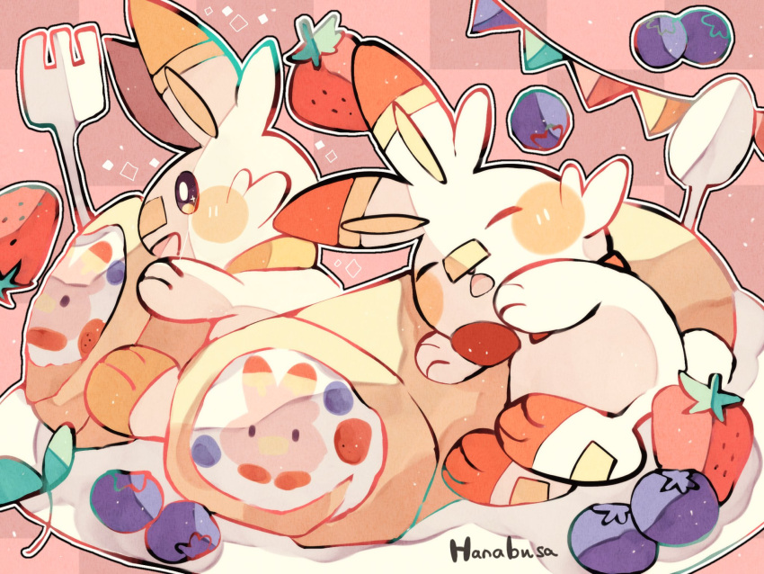 animal_focus artist_name blueberry bread closed_eyes commentary_request food fork fruit hanabusaoekaki highres no_humans open_mouth plate pokemon pokemon_(creature) rabbit red_background scorbunny sleeping solid_oval_eyes sparkling_eyes spoon strawberry