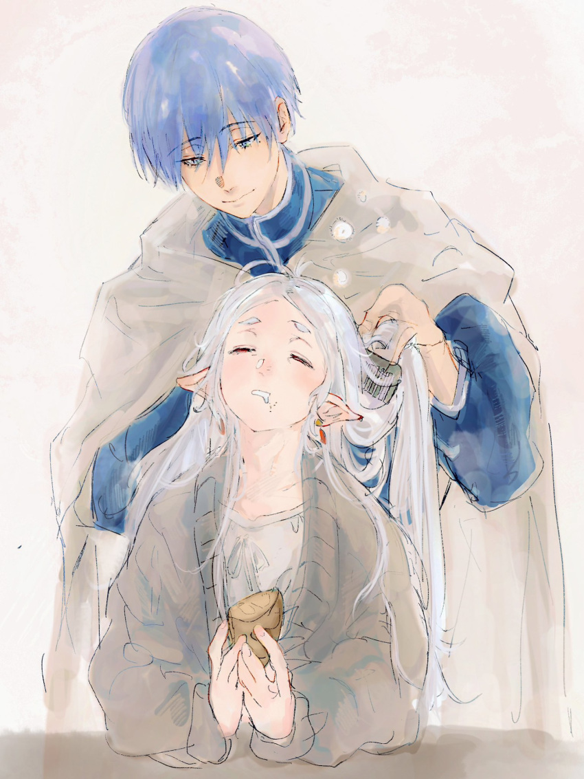 1boy 1girl arlan_311 blue_eyes blue_hair blue_shirt bread brown_cardigan brushing_another's_hair brushing_hair cardigan cloak closed_eyes closed_mouth comb commentary_request drooling earrings elf food frieren hair_down highres himmel_(sousou_no_frieren) holding holding_comb holding_food hood hood_down hooded_cloak jewelry long_hair long_sleeves looking_at_another mole mole_under_eye mouth_drool open_cardigan open_clothes pointy_ears shirt short_eyebrows short_hair simple_background sleepy sousou_no_frieren upper_body white_background white_cloak white_hair