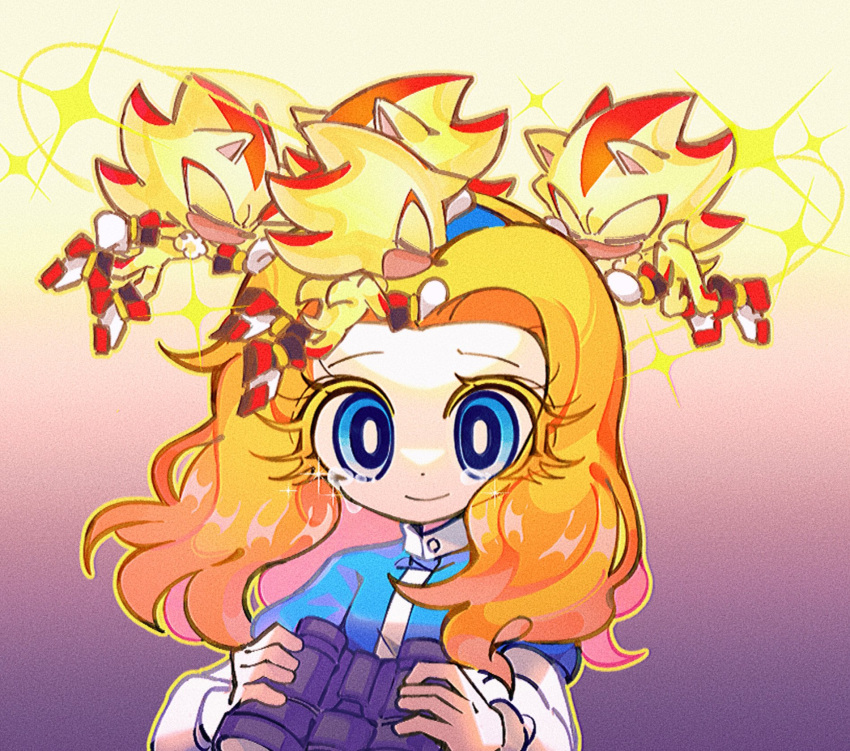 1girl 4boys animal_ears animal_nose binoculars blonde_hair blue_eyes chibi clone closed_mouth commentary english_commentary film_grain floating furry furry_male gloves gradient_background hands_on_another's_head highres holding holding_binoculars long_hair maria_robotnik merry_bongbong mini_person miniboy multiple_boys outline shadow_the_hedgehog shoes simple_background smile sonic_(series) super_shadow tail tears upper_body white_gloves yellow_outline